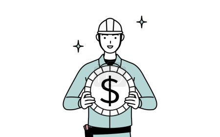 Ilustración de Hombre con casco y ropa de trabajo con imágenes de ganancias de cambio de divisas y apreciación del dólar, Vector Illustration - Imagen libre de derechos