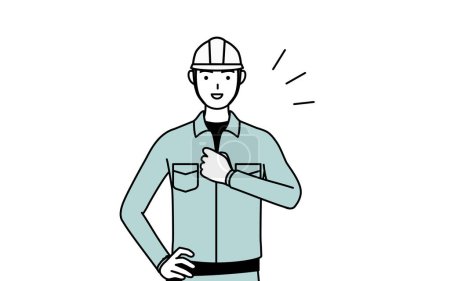 Man in helmet and workwear tapping his chest, Vector Illustration