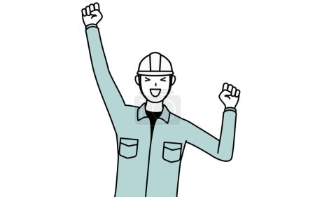 Man in helmet and workwear smiling and jumping, Vector Illustration