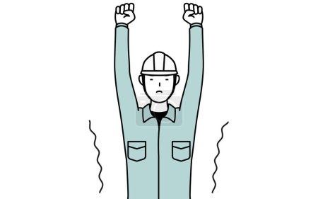 Illustration for Man in helmet and workwear stretching and standing tall, Vector Illustration - Royalty Free Image