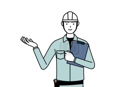Man in helmet and workwear holding a clipboard and extending his hand, Vector Illustration