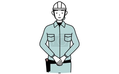 Female engineer in helmet and work wear bowing with folded hands, Vector Illustration