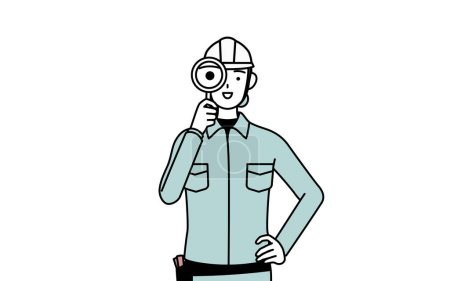 Ingénieur en casque et vêtements de travail regardant à travers des loupes, Illustration vectorielle
