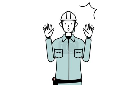Female engineer in helmet and work wear raising her hand in surprise, Vector Illustration