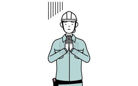 Female engineer in helmet and work wear apologizing with her hands in front of her body, Vector Illustration