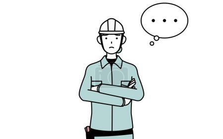 Ilustración de Ingeniera en casco y ropa de trabajo con brazos cruzados, pensamiento profundo, ilustración vectorial - Imagen libre de derechos
