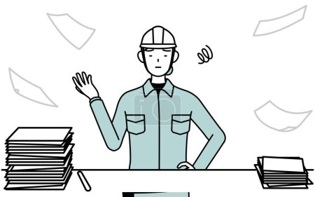 Ingenieurin in Helm und Arbeitskleidung, die genug von ihrem unorganisierten Geschäft hat, Vector Illustration