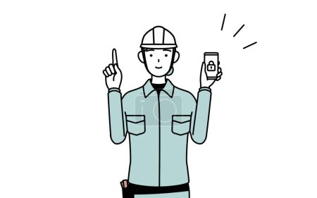 Ingenieurin in Helm und Arbeitskleidung, die Sicherheitsmaßnahmen für ihr Telefon ergreift, Vector Illustration