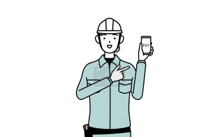 Ilustración de Ingeniera en casco y ropa de trabajo recomendando pagos en línea sin efectivo en un teléfono inteligente, Vector Illustration - Imagen libre de derechos