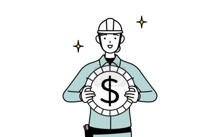 Ingenieurin in Helm und Arbeitskleidung mit Bildern von Devisengewinnen und Dollar-Aufwertung, Vector Illustration