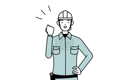 Female engineer in helmet and work wear posing with guts, Vector Illustration
