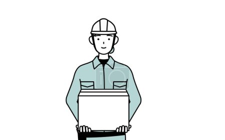 Female engineer in helmet and work wear working to carry cardboard boxes, Vector Illustration