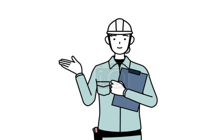 Female engineer in helmet and work wear holding a clipboard and extending her hand, Vector Stock