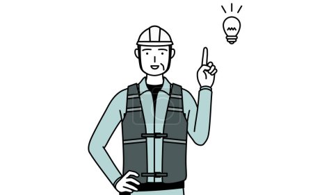 Ilustración de Ingeniero masculino sénior en casco y ropa de trabajo con una idea, Vector Illustration - Imagen libre de derechos