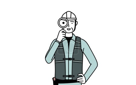 Ingénieur senior en casque et vêtements de travail regardant à travers des loupes, Illustration vectorielle