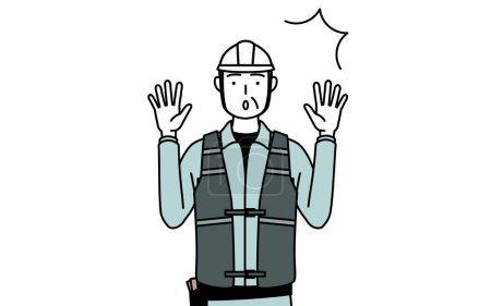 Senior male engineer in helmet and work wear raising his hand in surprise, Vector Illustration