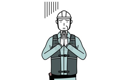 Illustration for Senior male engineer in helmet and work wear apologizing with his hands in front of his body, Vector Illustration - Royalty Free Image