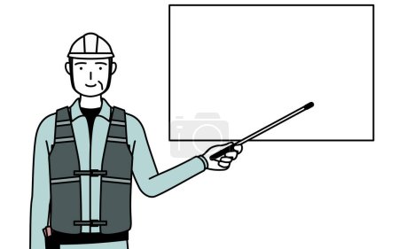 Ilustración de Ingeniero masculino sénior en casco y desgaste de trabajo apuntando a una pizarra blanca con una barra indicadora, Vector Illustration - Imagen libre de derechos