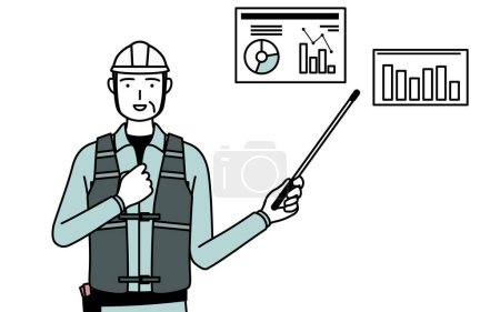 Ilustración de Ingeniero masculino sénior en casco y ropa de trabajo analizando un gráfico de rendimiento, Vector Illustration - Imagen libre de derechos