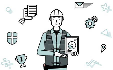 Image of DX, Senior male engineer in helmet and work wear using digital technology to improve his business, Vector Illustration