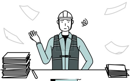 Senior male engineer in helmet and work wear who is fed up with his unorganized business, Vector Illustration