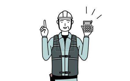 Ilustración de Ingeniero masculino sénior en casco y desgaste de trabajo sosteniendo una calculadora y apuntando, Vector Illustration - Imagen libre de derechos