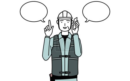 Ilustración de Ingeniero masculino sénior en casco y desgaste de trabajo señalando mientras está en el teléfono, Vector Illustration - Imagen libre de derechos