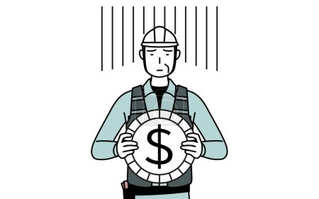 Homme ingénieur senior dans le casque et le travail porter une image de perte de change ou de dépréciation du dollar, Illustration vectorielle