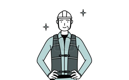 Senior male engineer in helmet and work wear with his hands on his hips, Vector Illustration