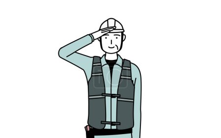 Ilustración de Ingeniero masculino sénior en casco y ropa de trabajo haciendo un saludo, Vector Illustration - Imagen libre de derechos