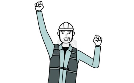 Senior male engineer in helmet and work wear smiling and jumping, Vector Illustration