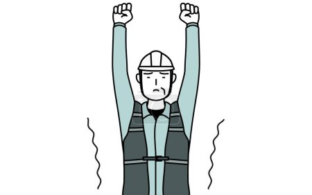 Senior male engineer in helmet and work wear stretching and standing tall, Vector Illustration