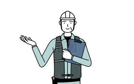Senior-Ingenieur in Helm und Arbeitskleidung mit Klemmbrett und ausgestreckter Hand, Vector Stock
