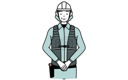 Senior female engineer in helmet and work wear bowing with folded hands, Vector Illustration