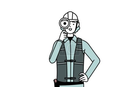 Ingénieur senior en casque et vêtements de travail regardant à travers des loupes, Illustration vectorielle