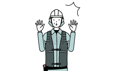 Ilustración de Ingeniera sénior en casco y ropa de trabajo levantando la mano por sorpresa, Vector Illustration - Imagen libre de derechos