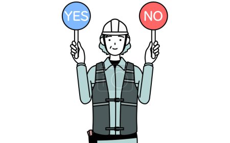 Ilustración de Ingeniera senior en casco y ropa de trabajo sosteniendo un cartel indicando respuestas correctas e incorrectas, Vector Illustration - Imagen libre de derechos