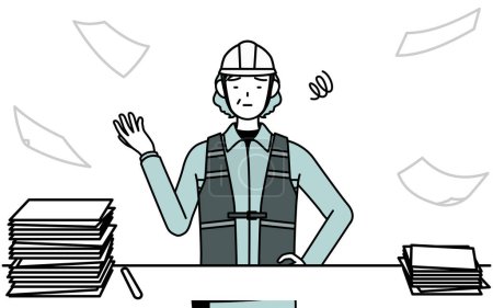 Senior female engineer in helmet and work wear who is fed up with her unorganized business, Vector Illustration