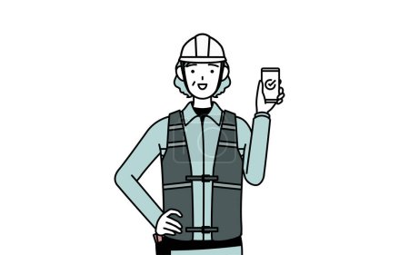 Ilustración de Ingeniera senior en casco y ropa de trabajo usando un smartphone en el trabajo, Vector Illustration - Imagen libre de derechos