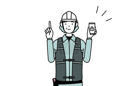 Ilustración de Ingeniera senior en casco y ropa de trabajo tomando medidas de seguridad para su teléfono, Vector Illustration - Imagen libre de derechos