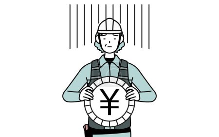 Ilustración de Ingeniera senior en casco y trabajo lleva una imagen de pérdida de intercambio o depreciación del yen, Vector Illustration - Imagen libre de derechos