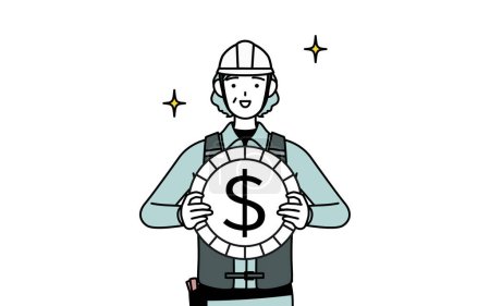 Ilustración de Ingeniera sénior en casco y ropa de trabajo con imágenes de ganancias de divisas y apreciación del dólar, Vector Illustration - Imagen libre de derechos