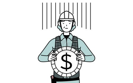 Ilustración de Ingeniera sénior en casco y trabajo lleva una imagen de pérdida de cambio o depreciación del dólar, Vector Illustration - Imagen libre de derechos