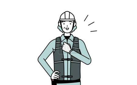 Ilustración de Ingeniera sénior en casco y ropa de trabajo tocando su pecho, Vector Illustration - Imagen libre de derechos