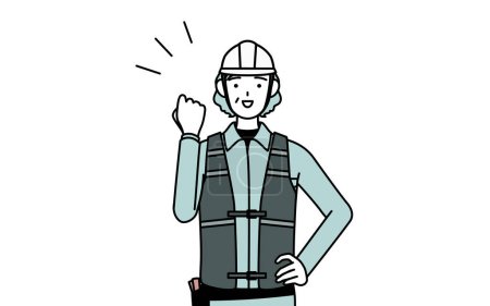 Senior female engineer in helmet and work wear posing with guts, Vector Illustration