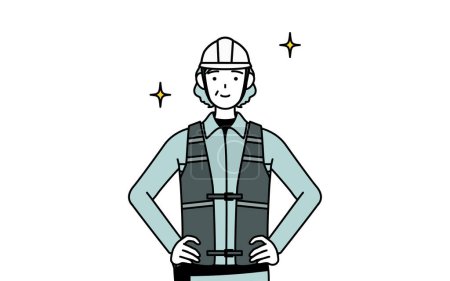Senior female engineer in helmet and work wear with her hands on her hips, Vector Illustration