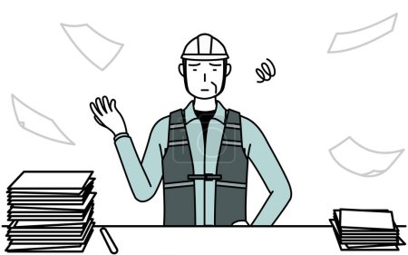 Senior male engineer in helmet and work wear who is fed up with his unorganized business, Vector Illustration