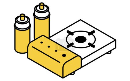 Simple line drawing of emergency kit, cassette stove, isometric illustration, Vector Illustration