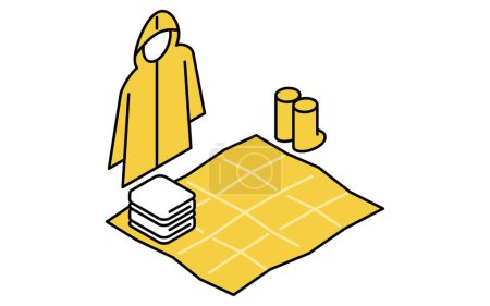 Simple line drawing of emergency kit, Rain gear (raincoat and boots), towel and sheet, isometric illustration, Vector Illustration