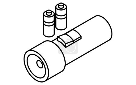 Einfache Linienzeichnung von Notfallset, Taschenlampe und Batterie, isometrische Illustration, Vektor-Illustration